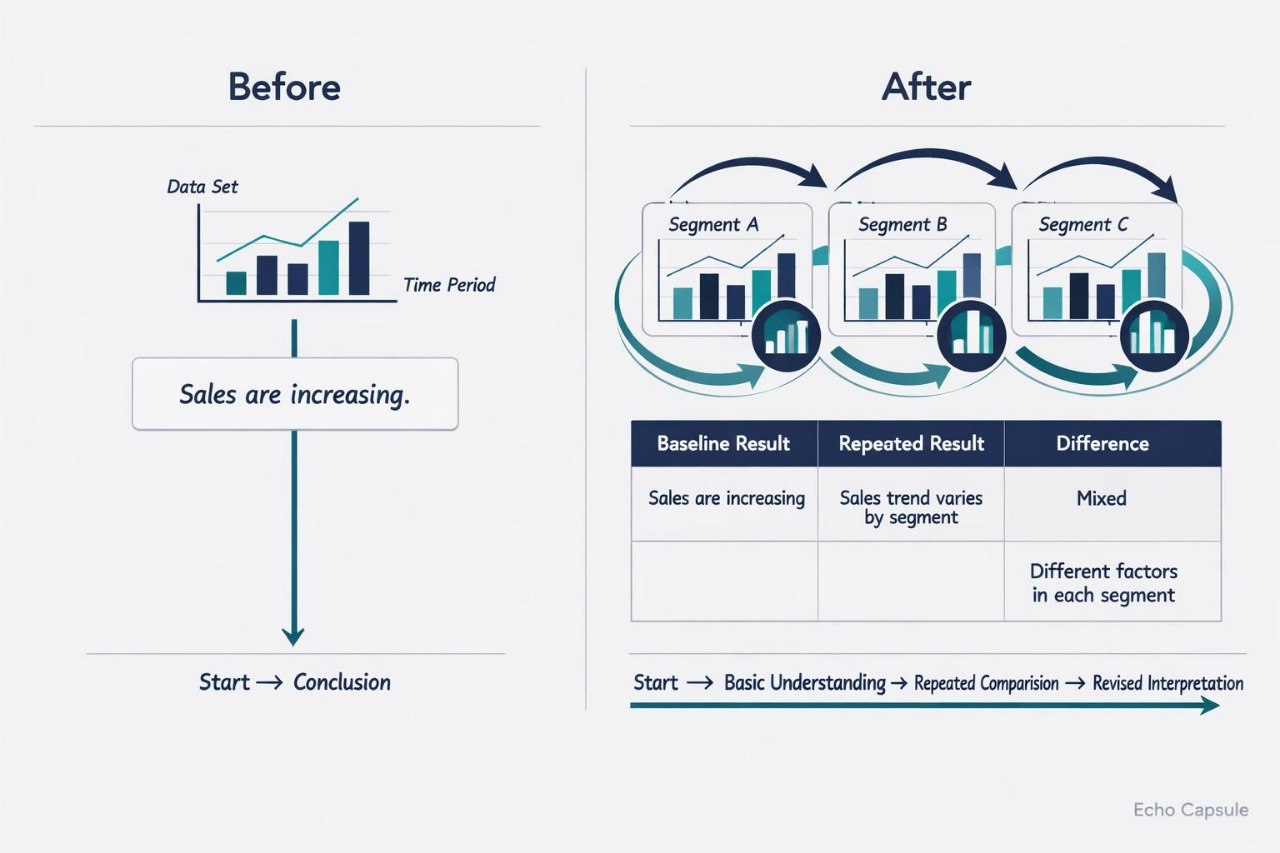 An educational infographic comparing a traditional 'Before' and 'After' data analysis approach. The left 'Before' column shows a simple bar chart with the conclusion 'Sales are increasing.