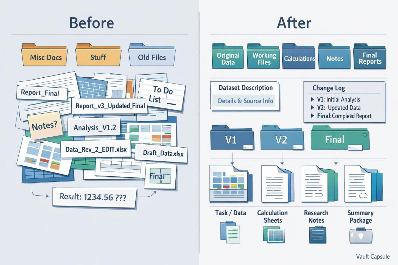 A before-and-after infographic showing a file organization comparison. The left 'Before' panel depicts a cluttered desktop with folders, files, and notes, ending in confusion ('Result: 1234.