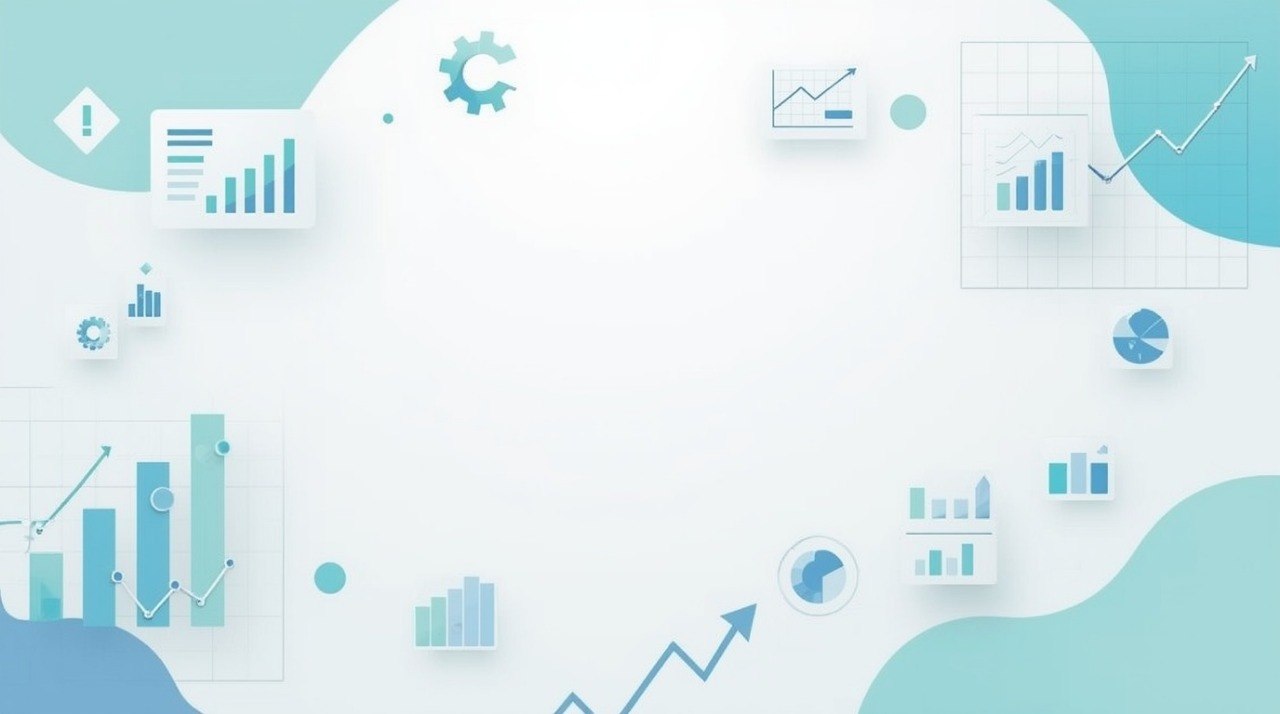 A light blue and white abstract background with scattered business-themed icons including bar charts, graphs, gears, and upward-trending lines.