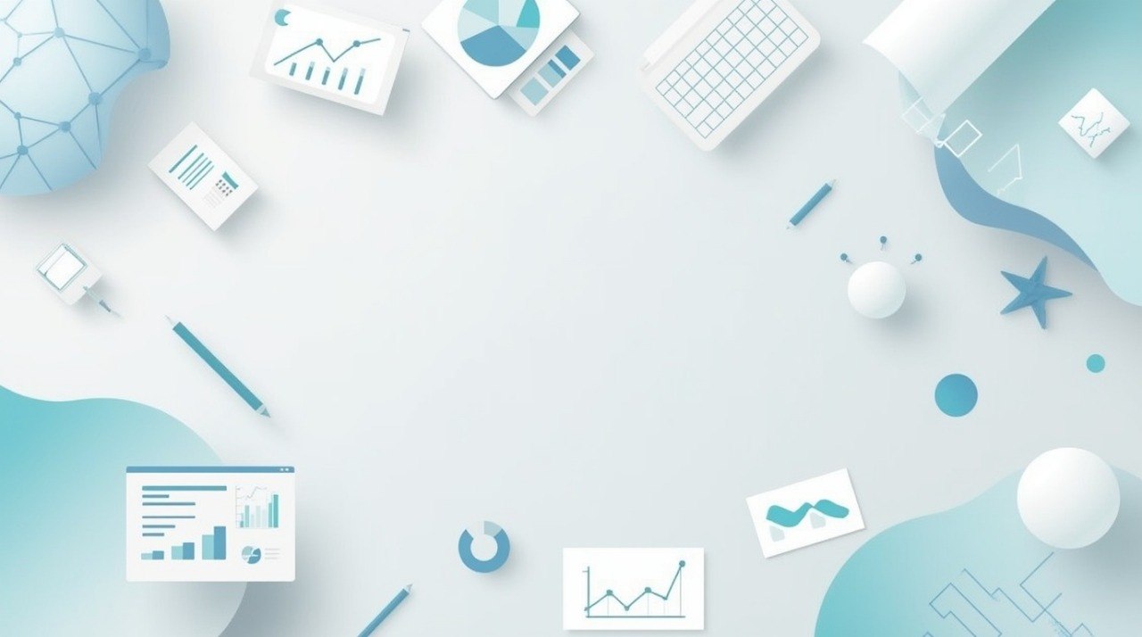 A light blue and white flat-lay illustration featuring various business and technology icons, including charts, graphs, a laptop, a keyboard, a globe, and abstract wave shapes.