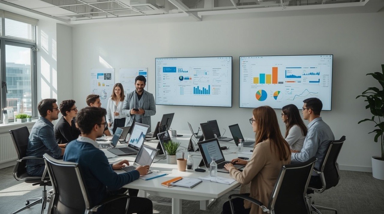 A group of business professionals in a modern office room, gathered around a conference table with laptops, while a presenter stands in front of two large wall-mounted screens displaying colorful business charts and graphs.