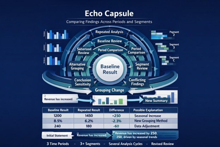 An infographic diagram titled 'Echo Capsule' on a dark blue background, showing a circular analysis workflow with baseline result, repeated analysis, segment comparison, and a summary table at the bottom.