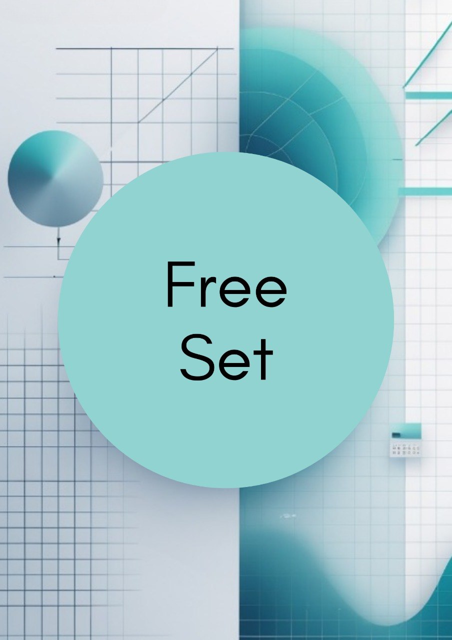 A digital graphic with the words 'Free Set' in black text inside a large light aqua circle, set against an abstract background of teal and white geometric shapes, grid lines, and curved gradients.