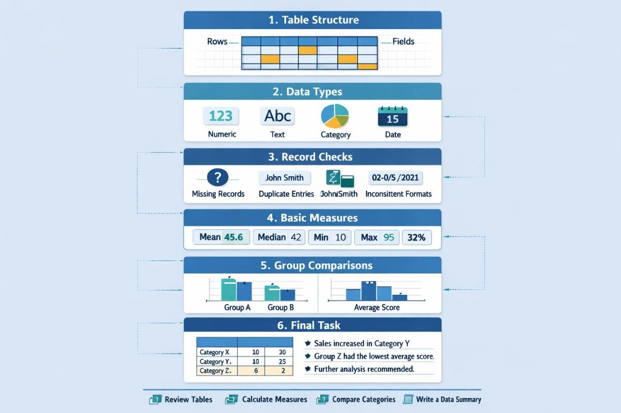 A digital infographic outlining the six steps of a data summary report: Table Structure, Data Types, Record Checks, Basic Measures, Group Comparisons, and Final Task, presented on a light blue background.