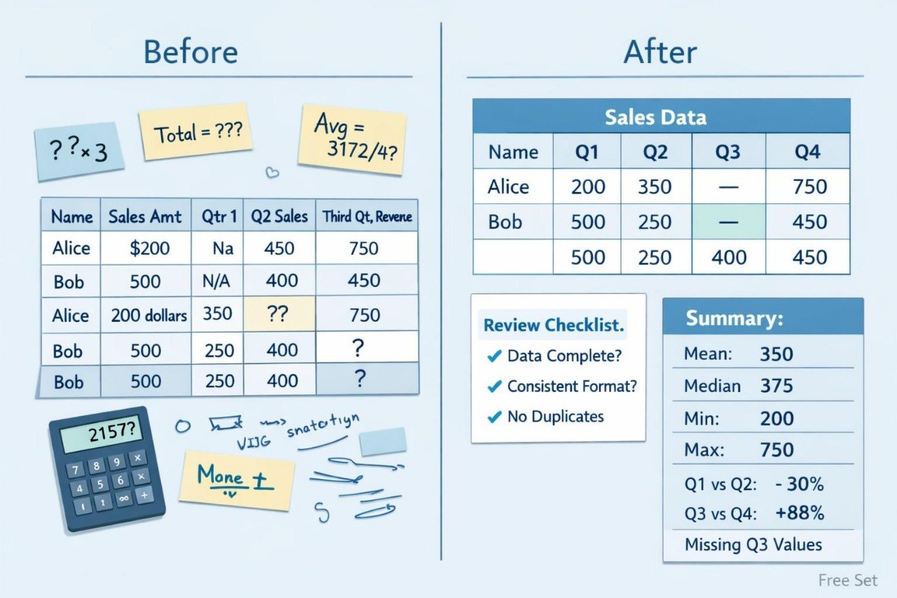 A digital preview of a data analysis worksheet or presentation slide set, titled 'Before' and 'After'. The left 'Before' section displays a messy, unlabeled data table with sticky notes asking for calculations (total, average) and a calculator icon, while the right 'After' section shows a clean, organized table with columns for Name, Q1, Q2, Q3, Q4, plus a summary statistics box.