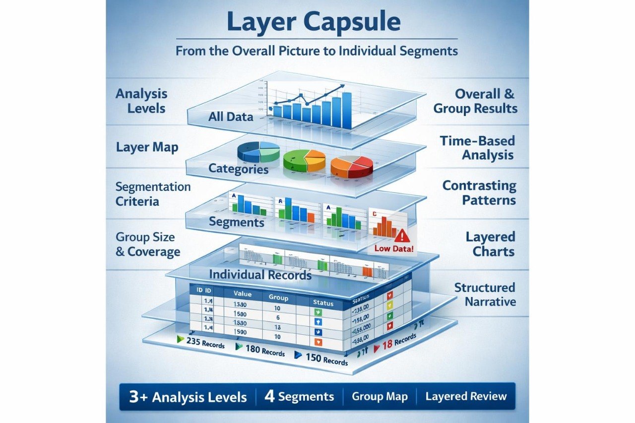 An infographic titled 'Layer Capsule' showing a layered data analysis model with charts, tables, and text labels on a blue gradient background.