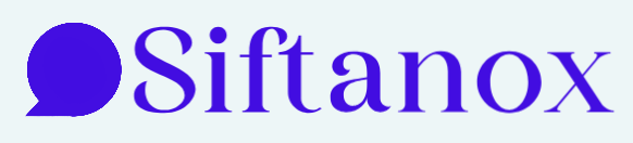The Siftanox brand logo, featuring a purple speech bubble icon and the brand name in purple text on a very light gray background.