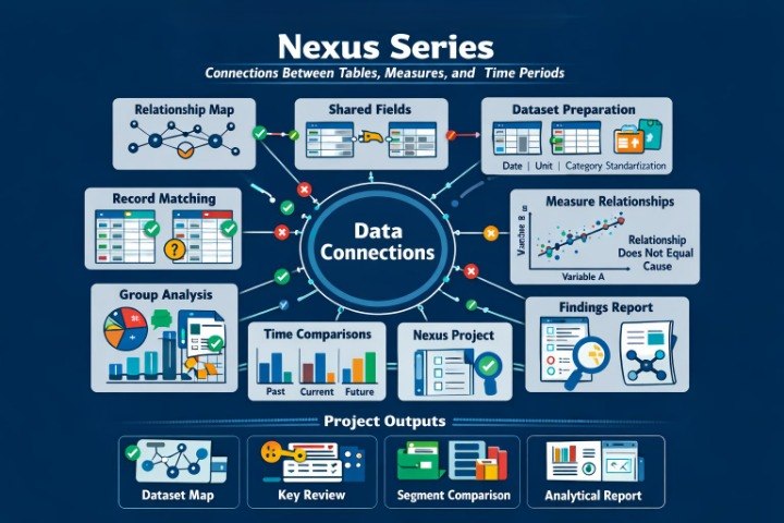 An infographic diagram titled 'Nexus Series' on a dark blue background, showing a central 'Data Connections' hub surrounded by labeled process boxes such as Relationship Map, Shared Fields, Dataset Preparation, Record Matching, Measure Relationships, Findings Report, Time Comparisons, Group Analysis, and Project Outputs.