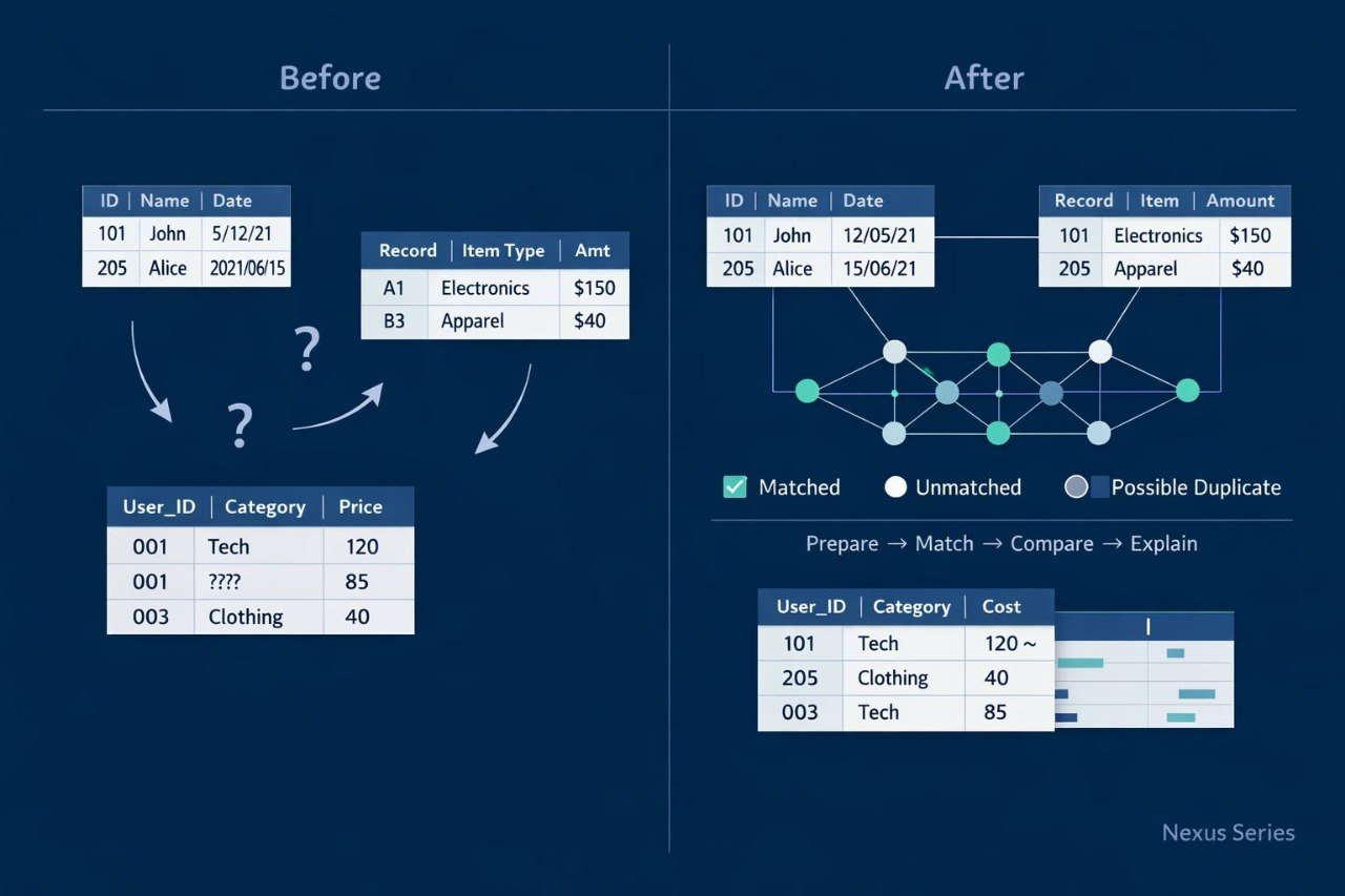 A dark blue infographic titled 'Before' and 'After' comparing data tables and matching logic, likely explaining a database or record-linking feature. It shows table layouts, arrows, a network graph, and a matching summary table.