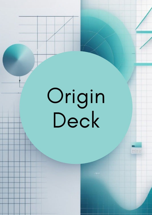 A digital graphic for an 'Origin Deck' featuring a large central mint green circle with black text, set against a background of light blue and white geometric patterns, grids, and abstract circles.