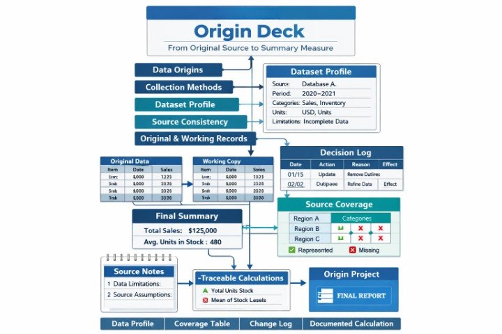 A flowchart-style diagram titled 'Origin Deck' showing a structured layout for tracking data origins, dataset profiles, source consistency, working copy, final summary, source notes, origin project, and decision logs with tables and arrows on a white background.
