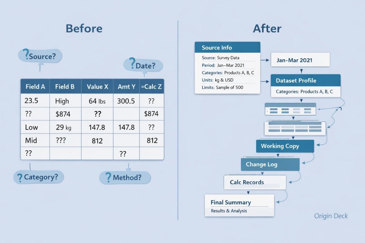 A light blue infographic comparing a before-and-after workflow for data processing. The left side, labeled 'Before,' shows a sample table with question marks over fields, date, category, and method.