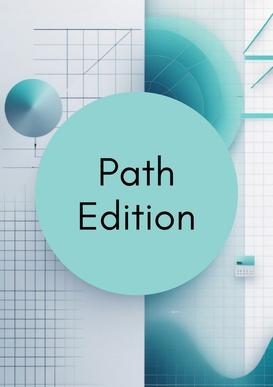 A digital cover design for 'Path Edition' featuring a large central mint green circle with black text, set against a background of light blue and white geometric shapes, grids, and abstract circles.