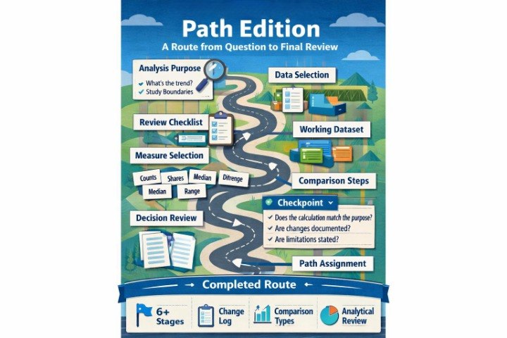An educational infographic poster titled 'Path Edition' explaining a study roadmap from question to final review, featuring a winding blue road with labeled sections, icons, and a completed route summary at the bottom.