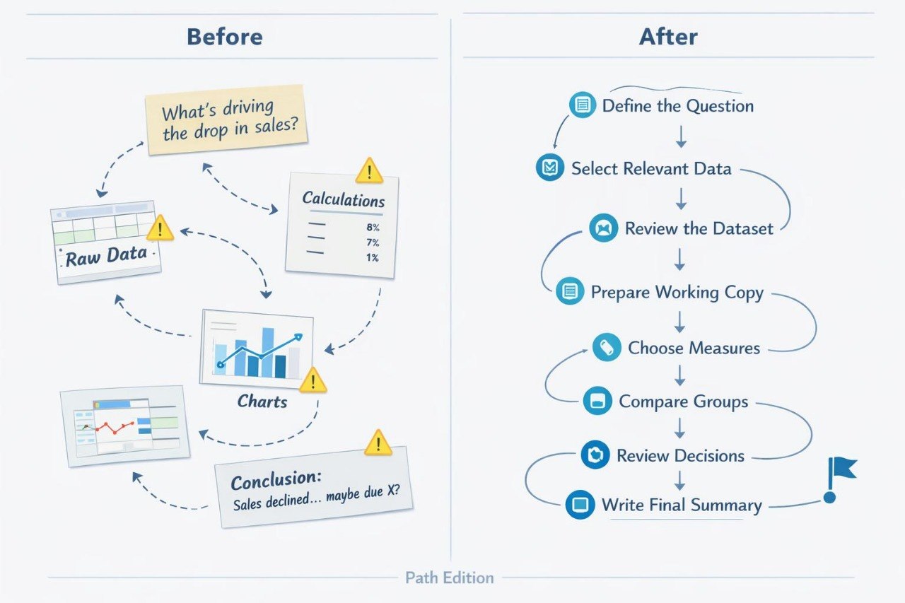 A comparison infographic titled 'Before' and 'After' showing a data analysis workflow. The left 'Before' side displays a circular process with raw data, calculations, charts, and a conclusion.