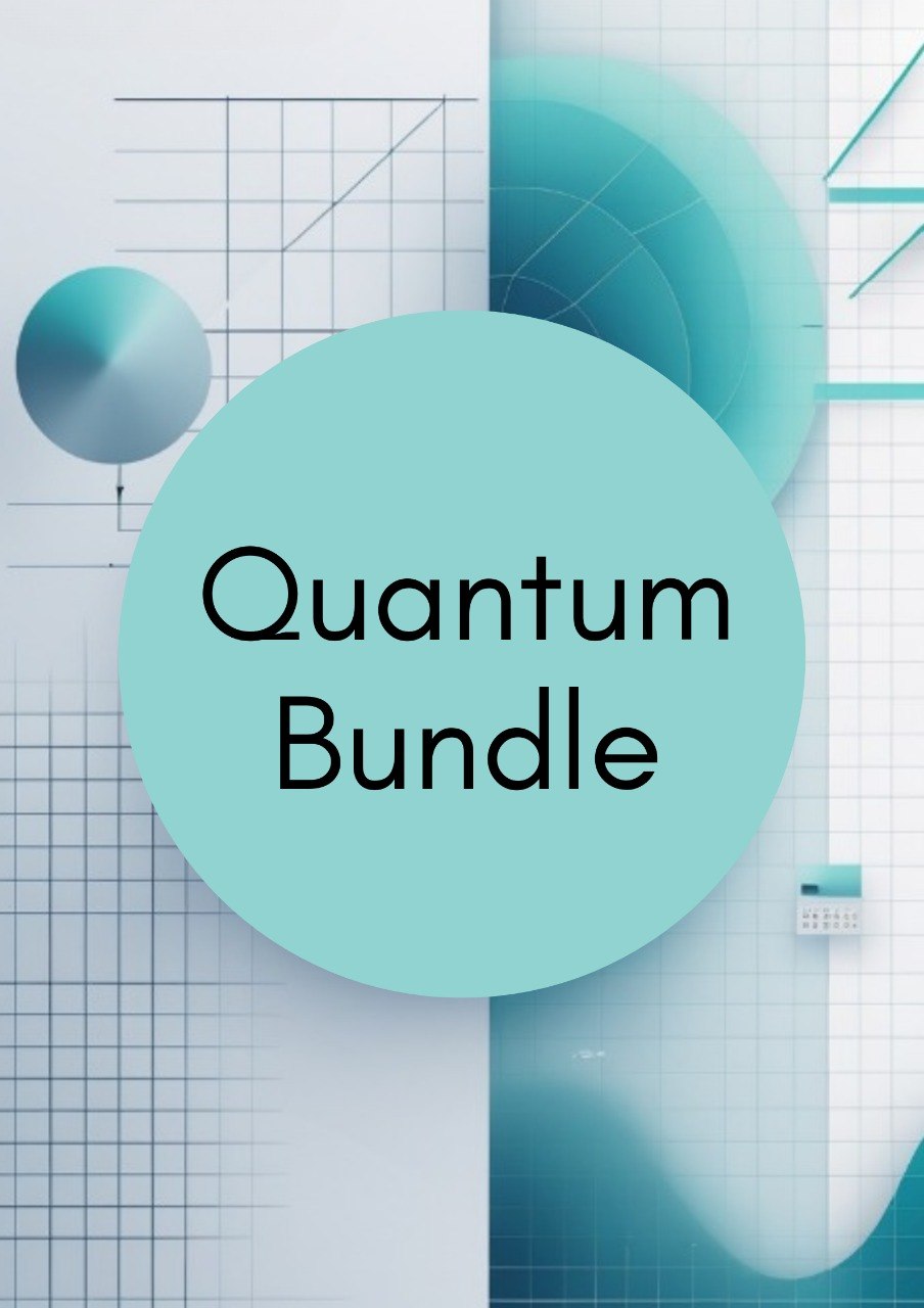 A digital graphic with the words 'Quantum Bundle' in black text inside a large light aqua circle, set over an abstract geometric background of teal and white grid shapes.