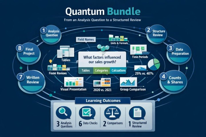 An infographic titled 'Quantum Bundle' on a dark blue background, showing a structured review process with labeled circular steps such as Analysis Question, Structure Review, Data Preparation, Counts & Shares, Final Project, Written Review, and Learning Outcomes with icons and text.