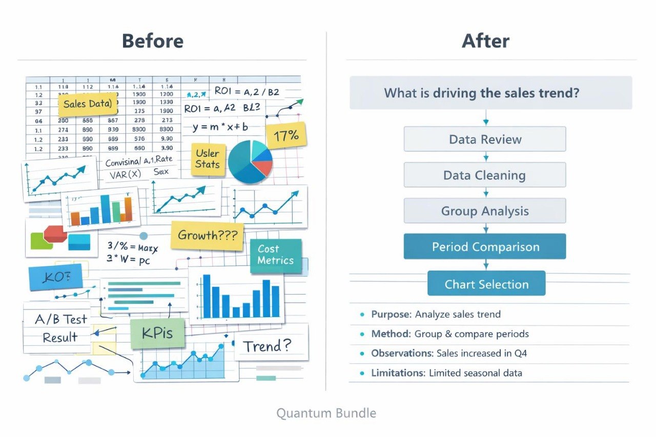 A before-and-after infographic comparison for a data analytics course or bundle. The left 'Before' panel is cluttered with various business charts, graphs, and labels like 'Sales Data', 'KPIs', and 'Trend?'.