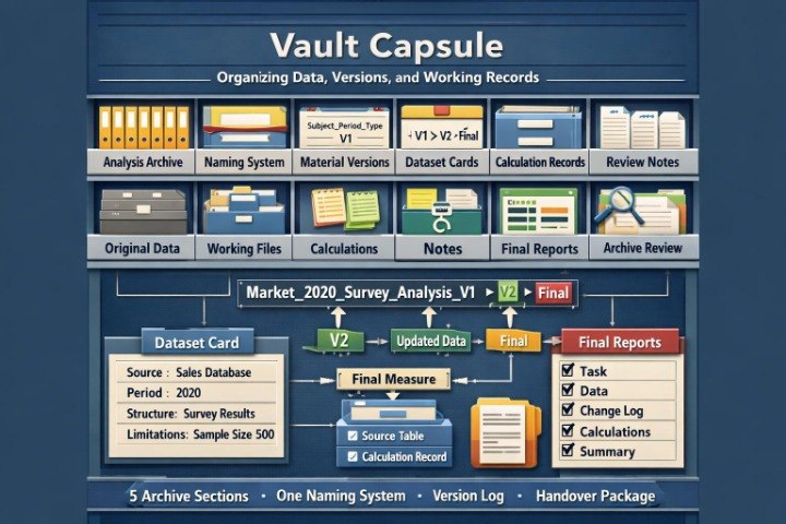 A digital infographic diagram titled 'Vault Capsule' showing a structured file organization system with labeled folders and document icons on a dark blue background.