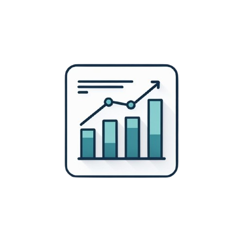 A minimalist vector icon depicting a bar chart with an upward-trending line graph inside a rounded square frame, rendered in dark blue and teal on a white background.