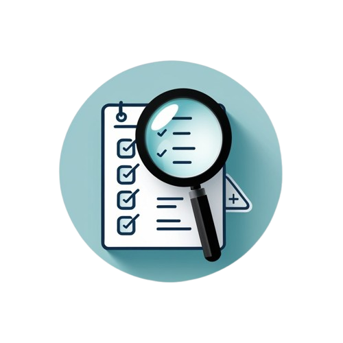 A flat vector icon depicting a clipboard with checkmarks and a magnifying glass, set against a light blue circular background on a white canvas.