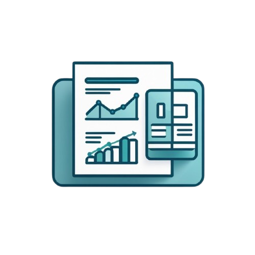 A teal and dark blue vector icon depicting a tablet and printed documents with charts and graphs, set against a plain white background.