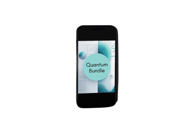 A black smartphone shown upright on a plain white background, with its screen on and displaying the text 'Quantum Bundle' over a light blue and white abstract graphic.