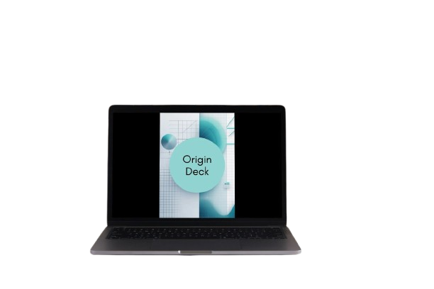 A laptop computer shown from the front on a plain white background, with its screen on and displaying a graphic that reads 'Origin Deck' in a light blue circle.